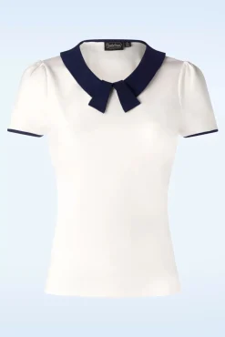 Collar Detail Top In Ivoorwit En Marineblauw