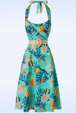 Coral Reef Halter Flare Jurk In Blauw