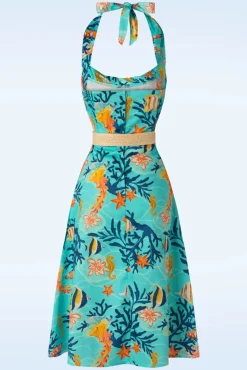 Coral Reef Halter Flare Jurk In Blauw