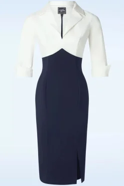 Dianne Pencil Jurk In Wit En Marineblauw