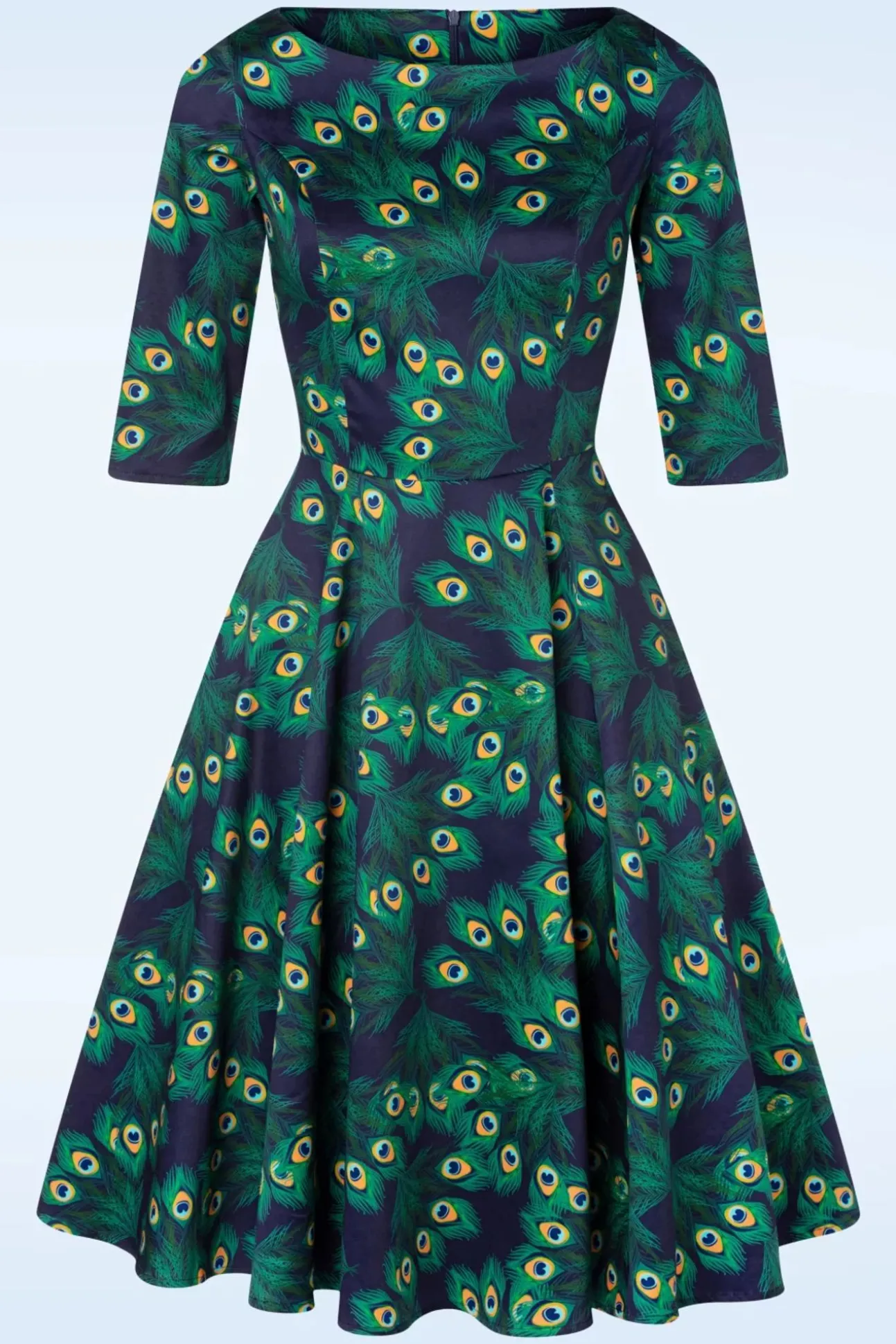 Exclusieve Bij Topvintage ~ Adriana Peacock Long Sleeve Swing Jurk In Marineblauw