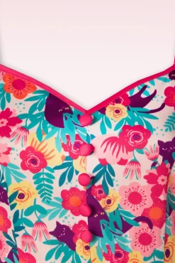 Floral Cats Print Flare Jurk In Multi