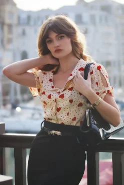 Heart Polka Dot Collared Top In Creme