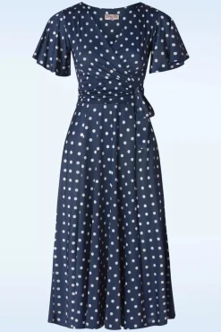 Irene Polkadot Cross Over Swing Jurk In Marineblauw