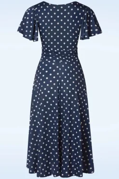 Irene Polkadot Cross Over Swing Jurk In Marineblauw