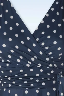 Irene Polkadot Cross Over Swing Jurk In Marineblauw