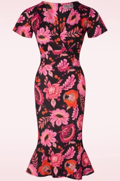 Katie Floral Pencil Jurk In Zwart En Roze