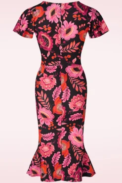 Katie Floral Pencil Jurk In Zwart En Roze