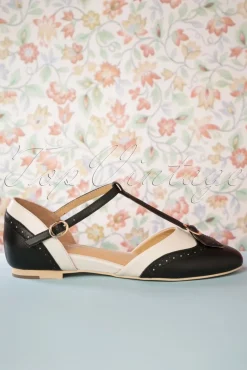 Parisienne T-Strap Flats In Zwart En Creme