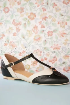 Parisienne T-Strap Flats In Zwart En Creme