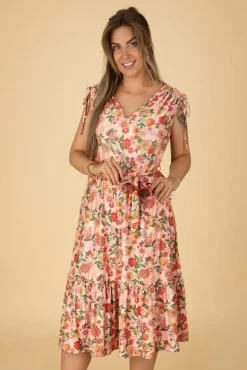 Rainbow Floral Flare Jurk In Licht Roze