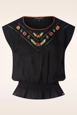 Selly Citrine Embroidery Top In Zwart