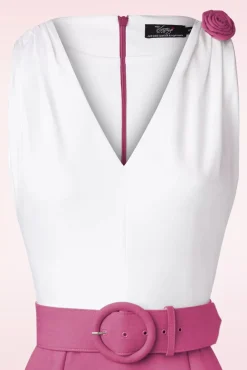 The Kellie Pencil Jurk In Gebroken Wit En Donker Magentaroze