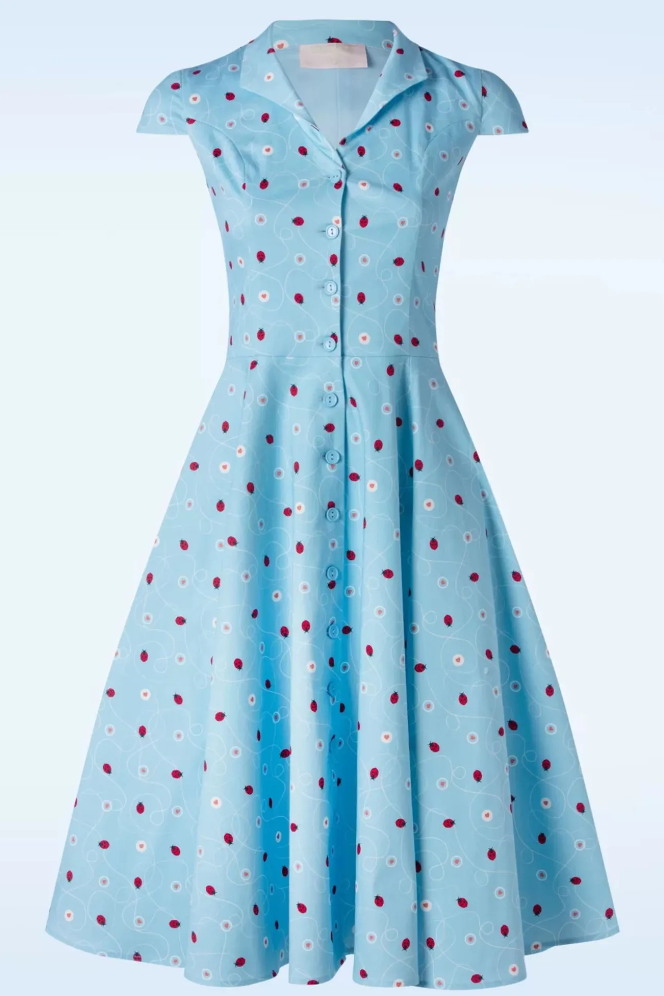 Topvintage Exclusive ~ Angie Swing Jurk In Licht Blauw Met Lieveheersbeestjes Print