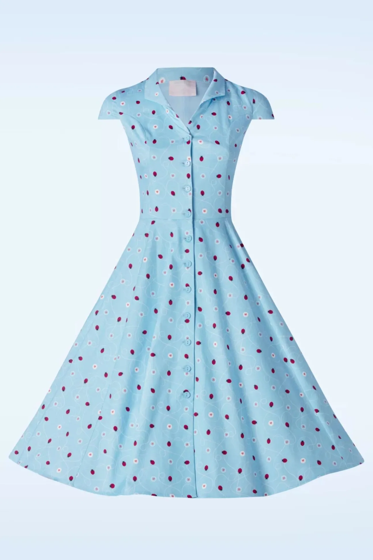 Topvintage Exclusive ~ Angie Swing Jurk In Licht Blauw Met Lieveheersbeestjes Print