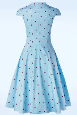 Topvintage Exclusive ~ Angie Swing Jurk In Licht Blauw Met Lieveheersbeestjes Print