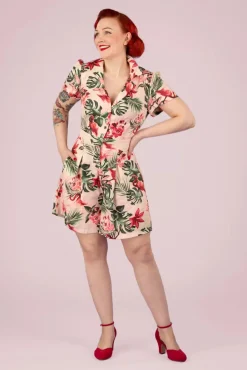 Tropische Flamingo Button Up Playsuit In Licht Roze