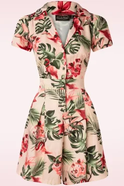 Tropische Flamingo Button Up Playsuit In Licht Roze
