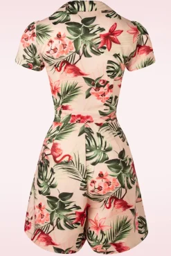 Tropische Flamingo Button Up Playsuit In Licht Roze