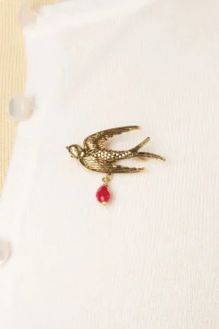 Zwaluw Broche In Goud En Rood